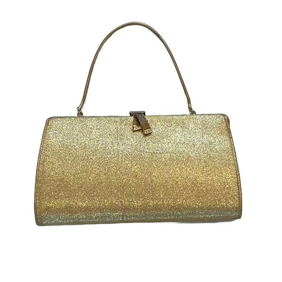 Vintage Gold Metallic Clutch with Chain/Handle, Evening Bag, Glam, Glitter - Picture 1 of 10